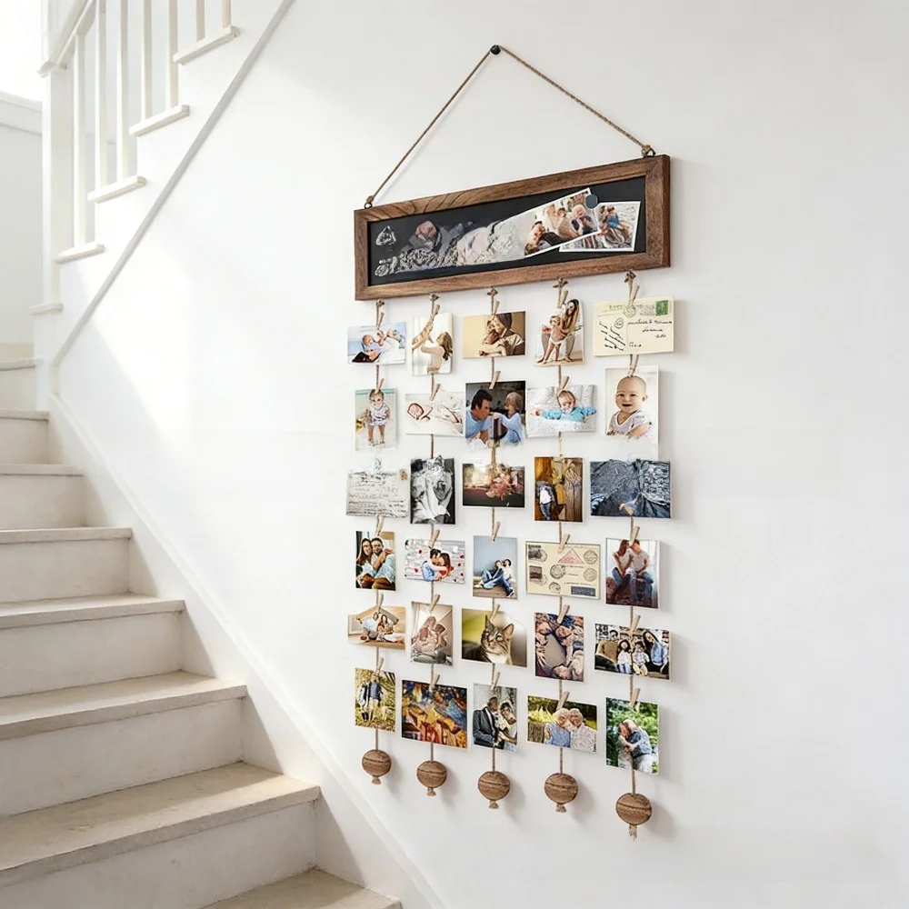 New Wooden Hanging Photo Clips DIY Assembly Decorative Multi Photo Cards Organizer Double-Sided Picture Frame Display Board Home