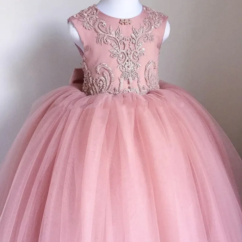 Flower Girl Dresses Rose Pink Gold paillettes girocollo in pizzo con fiocco Fit abiti da principessa di compleanno per feste di matrimonio