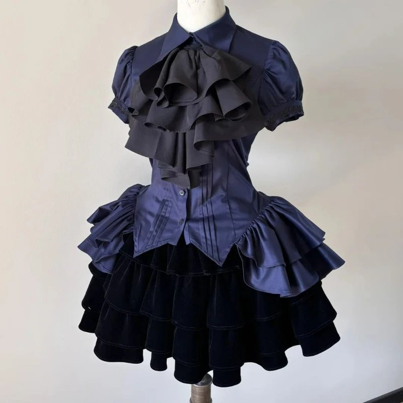 

Japanese Gothic Y2k Lolita 2 Piece Set Women Sweet Bow Irregular Shirts Ruffles Black Shorts 2000s Vintage Elegant Princess Suit