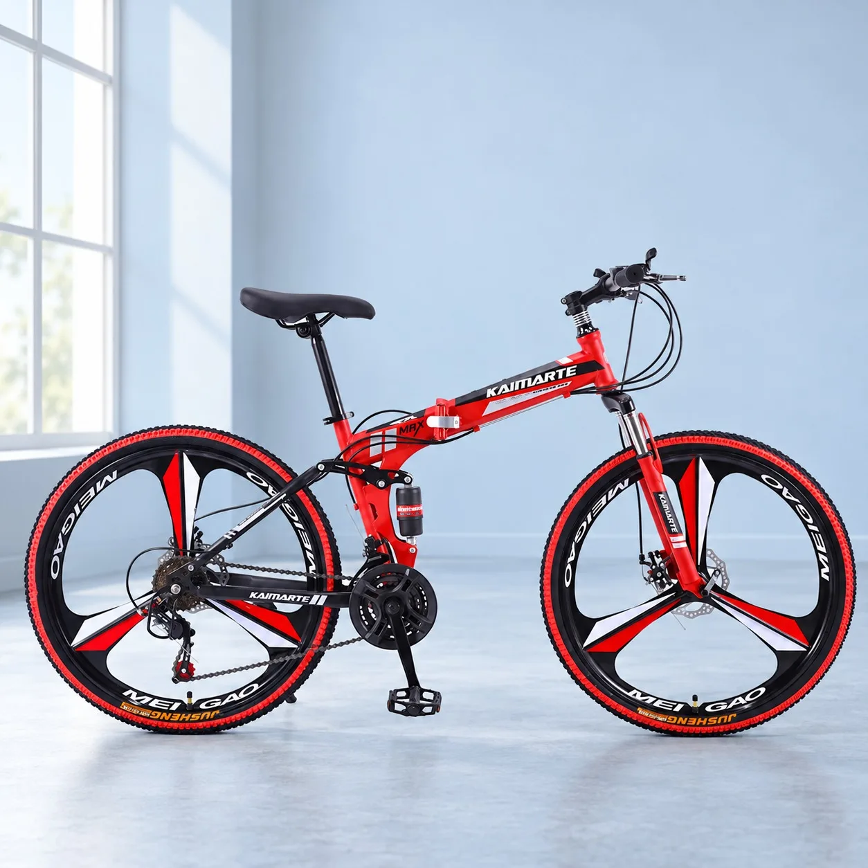 26 Inch Red 3-Spoke Wheel Folding Mountain Bike Dual Shock Absorption Disc Brake City Comfortable Student Bicycle Variable Speed