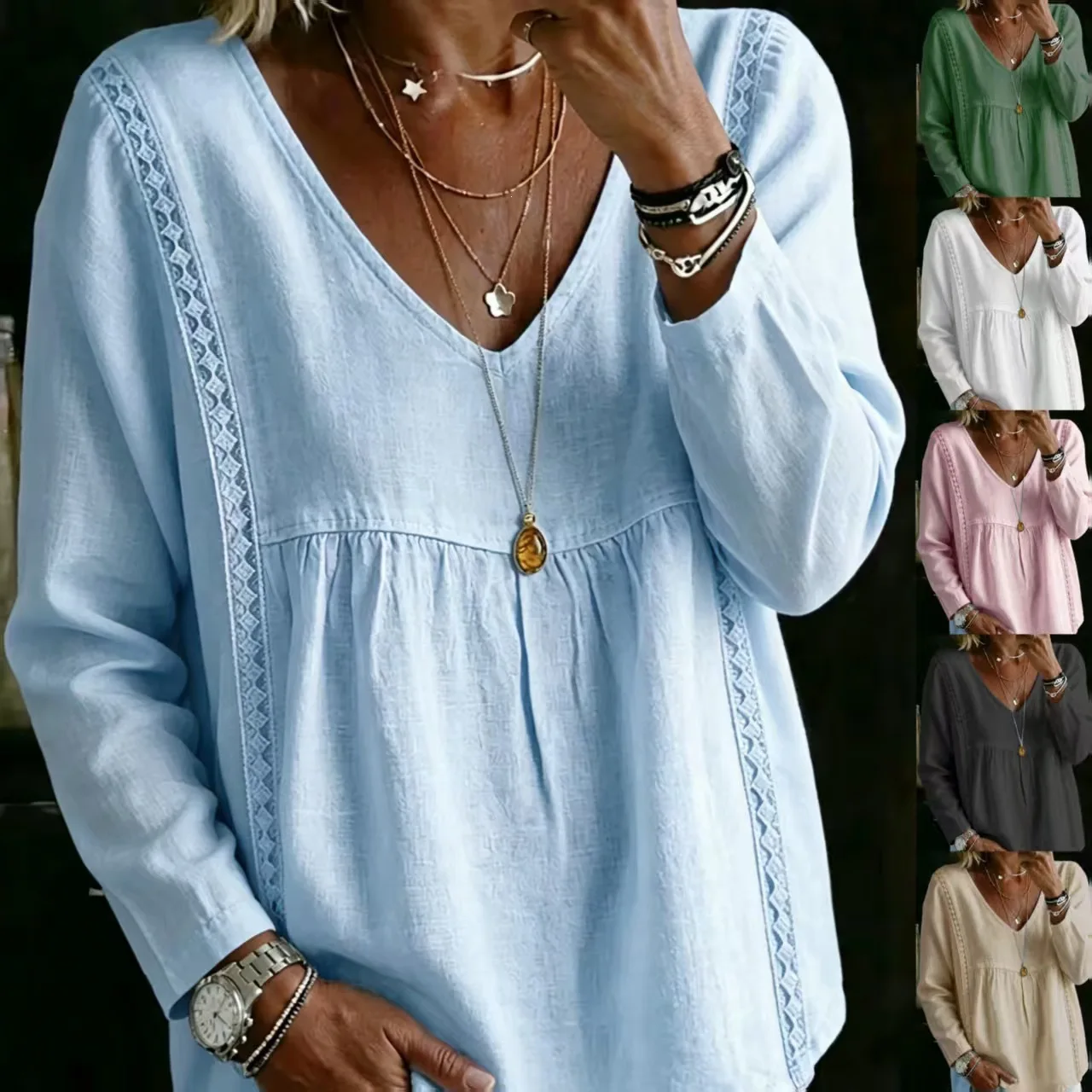 2026 Autumn Blouse Women Lace Patchwork V Neck Loose Shirt Oversized Casual Solid Colors Long Sleeve Tops Plus Size Women Shirts