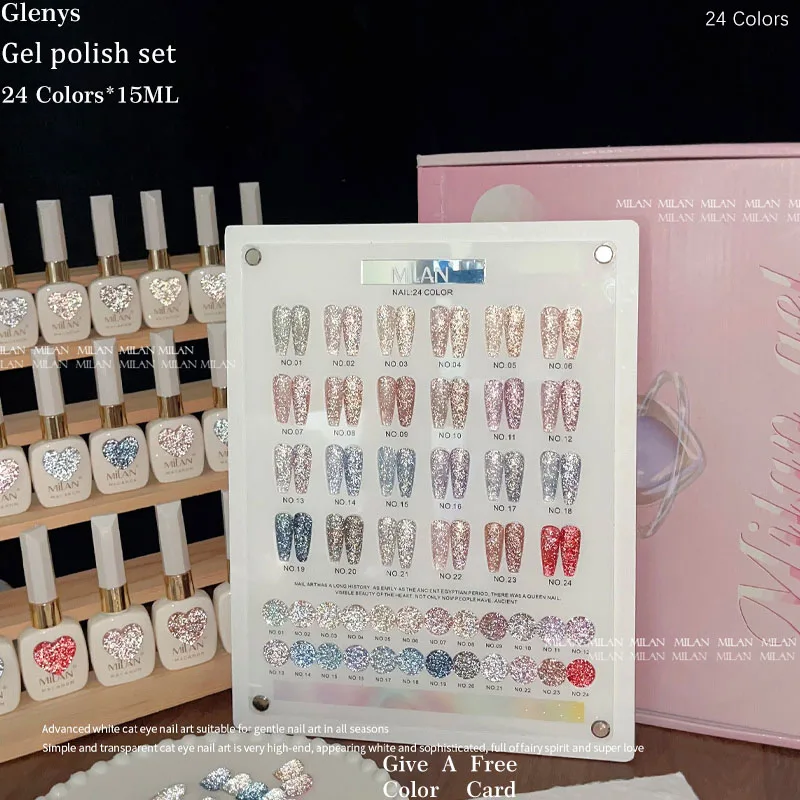 Glenys 24 color broken diamond nail polish gel net red popular advanced immersion gel color card UV LED nail salon varnish set