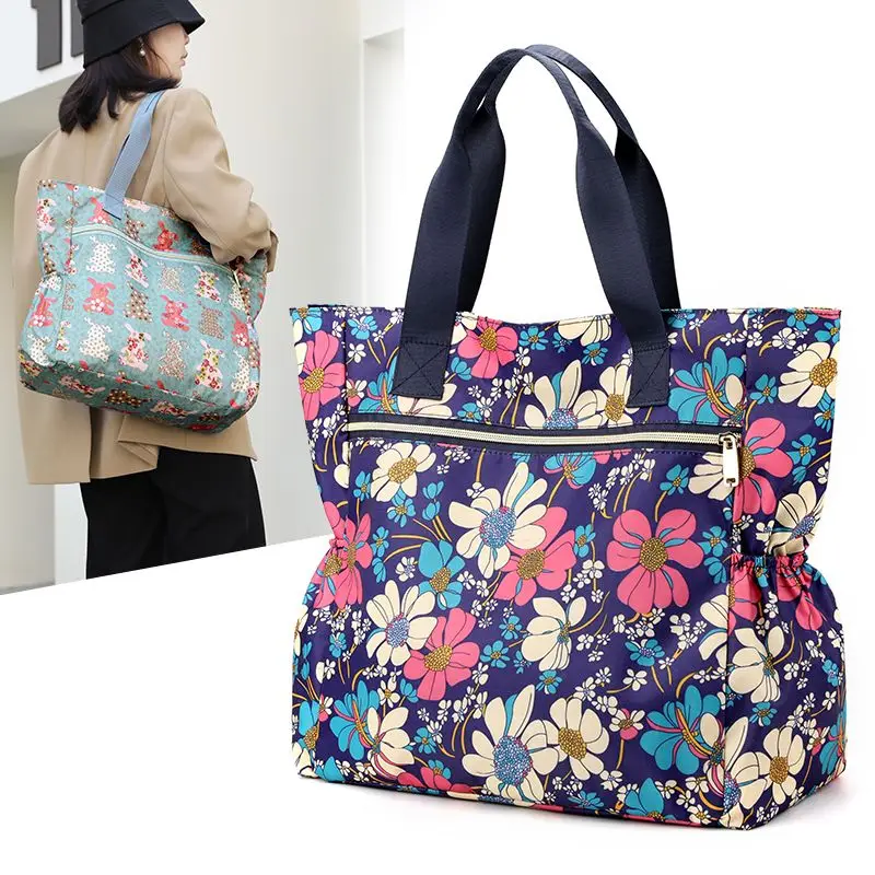 2024 Waterproof Canvas Hand Casual Nylon One-shoulder Women\'s Fashion Simple Travel Large Printed Fabric Bag Relaxation Trend