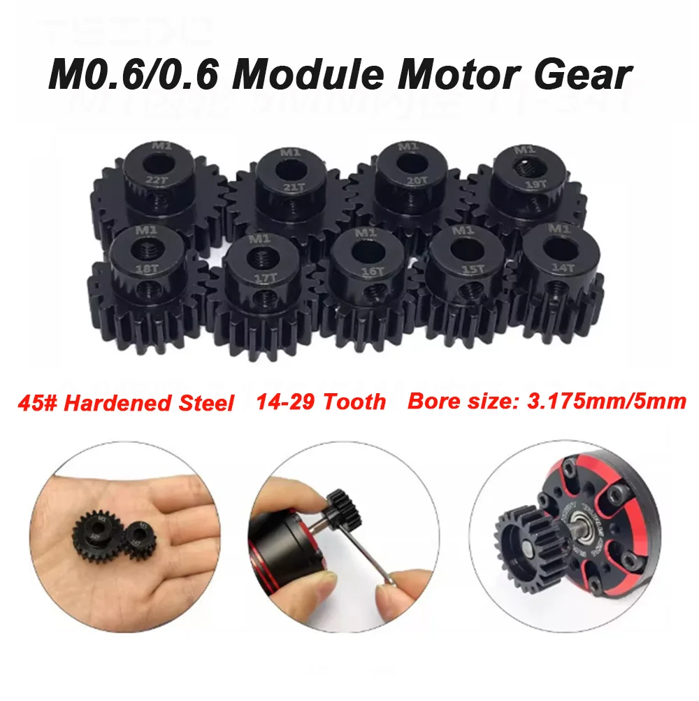 1Pcs M0.6 0.6M Steel Pinion Gear 3.175/5mm Bore 14T-29T Hardened 45# Steel Motor Gear For 1/10 RC Car 540 Brushless Motor Parts