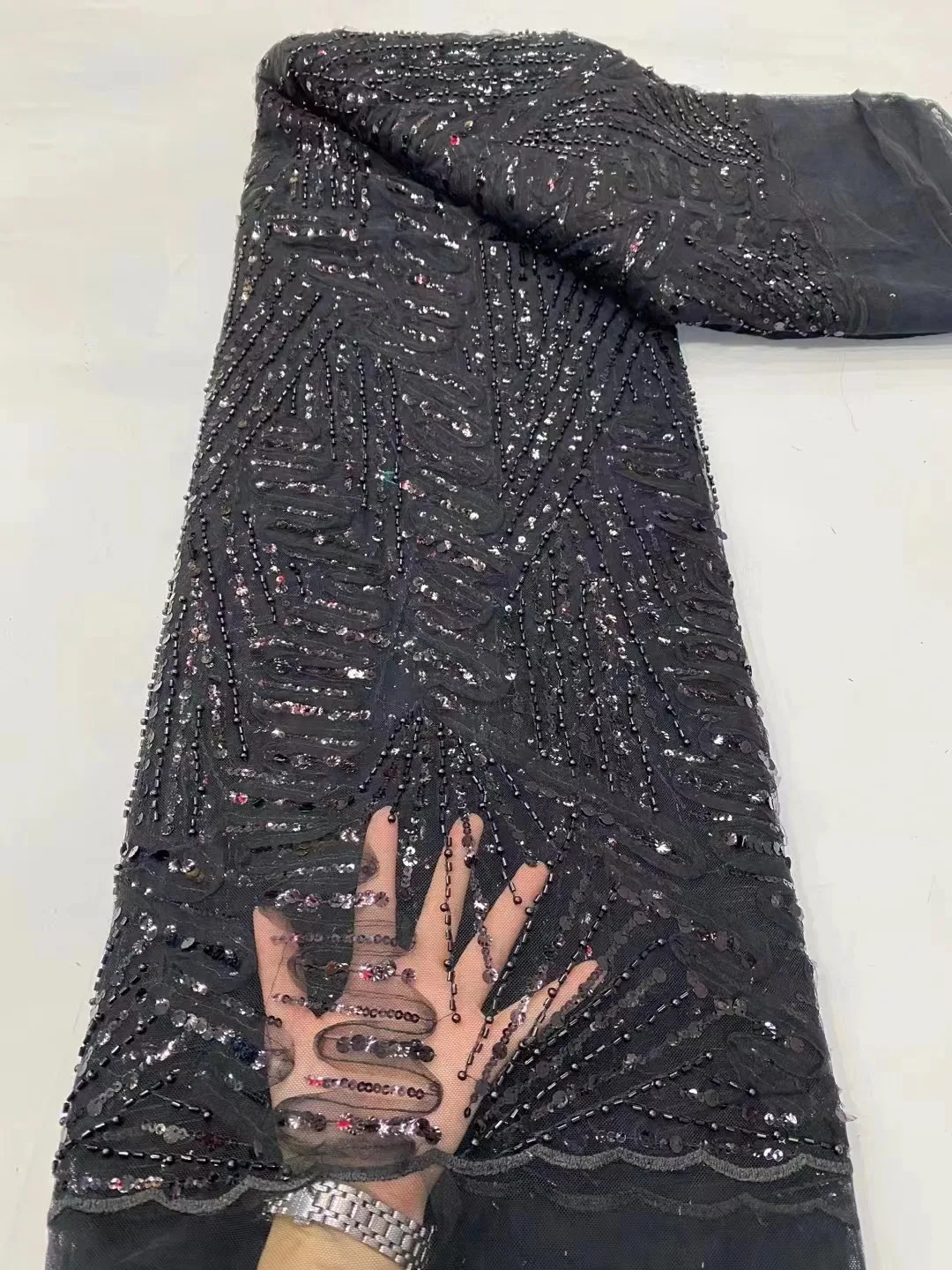 

2024 High Quality African Nigerian Tulle Lace Fabric With Sequins Beaded Embroidery Sewing Guipure Net Cloth Prom Dresses 5yards