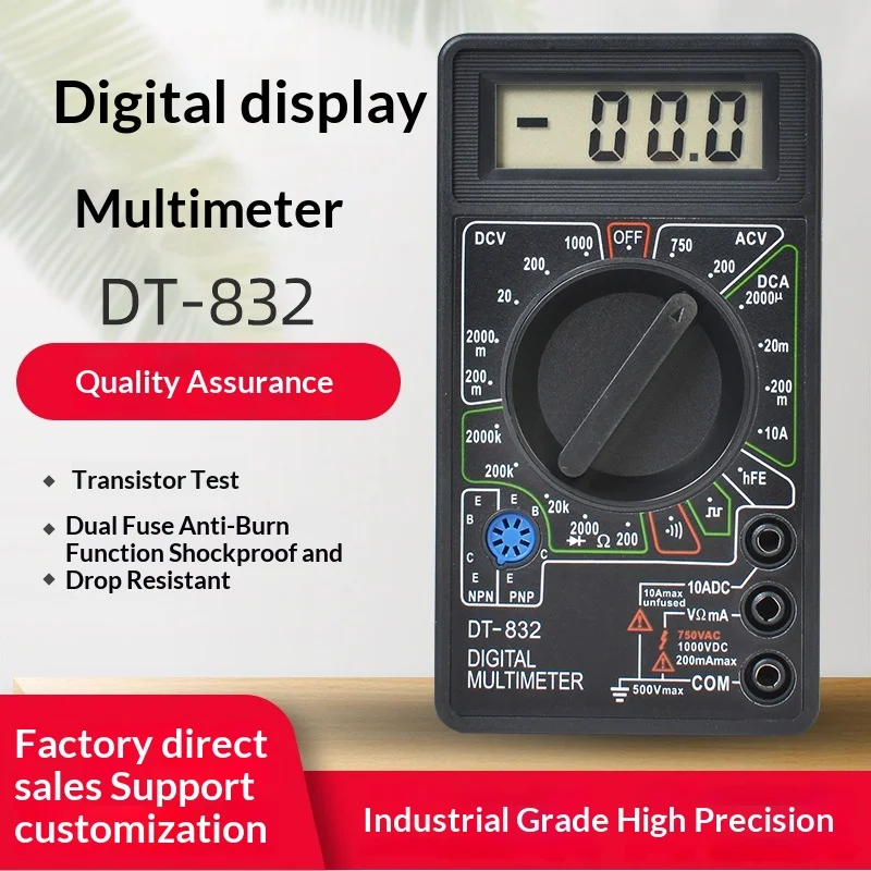 DT832 Digital Multimeter AC/DC Voltage Current Resistance Tester with Diode Continuity Temperature Test