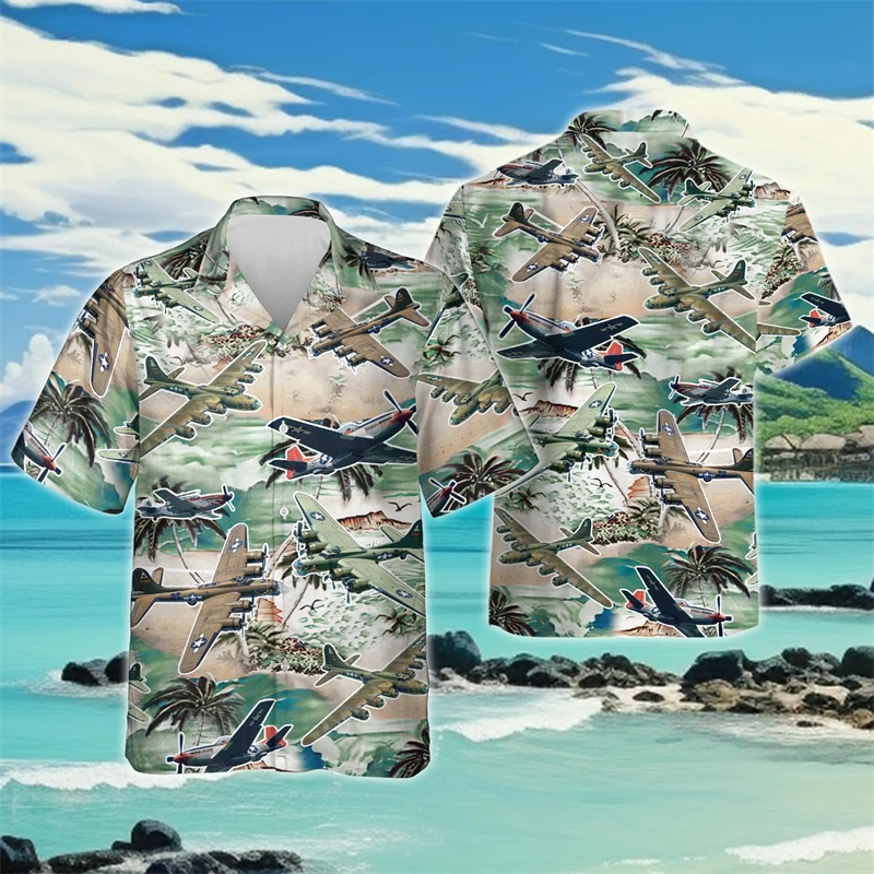 Hawaiian Airplane Aviation 3D Printed Beach Shirts Casual Pilot Shirt For Men Clothes Fashion Aircarft Lapel Blouse Fighter Tops