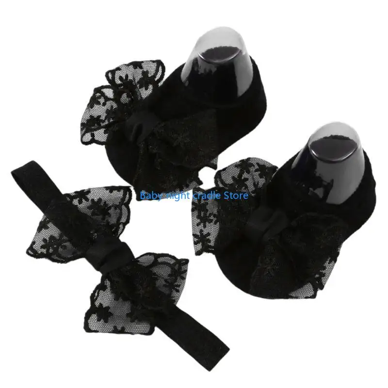 J2FF جورب أنبوب قصير مع مجموعة عصابات رأس الجوارب الطفل المألوف الحلو الدانتيل الانحناء تصاميم جوارب يمكن السير بها على الأرض #2