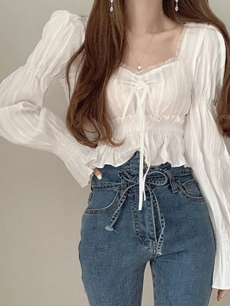 

Korean Design Sense Lace Patchwork Women's irt Bubble Sve ort Waist Cinching Long Sve irt Commute Sle Pure Color