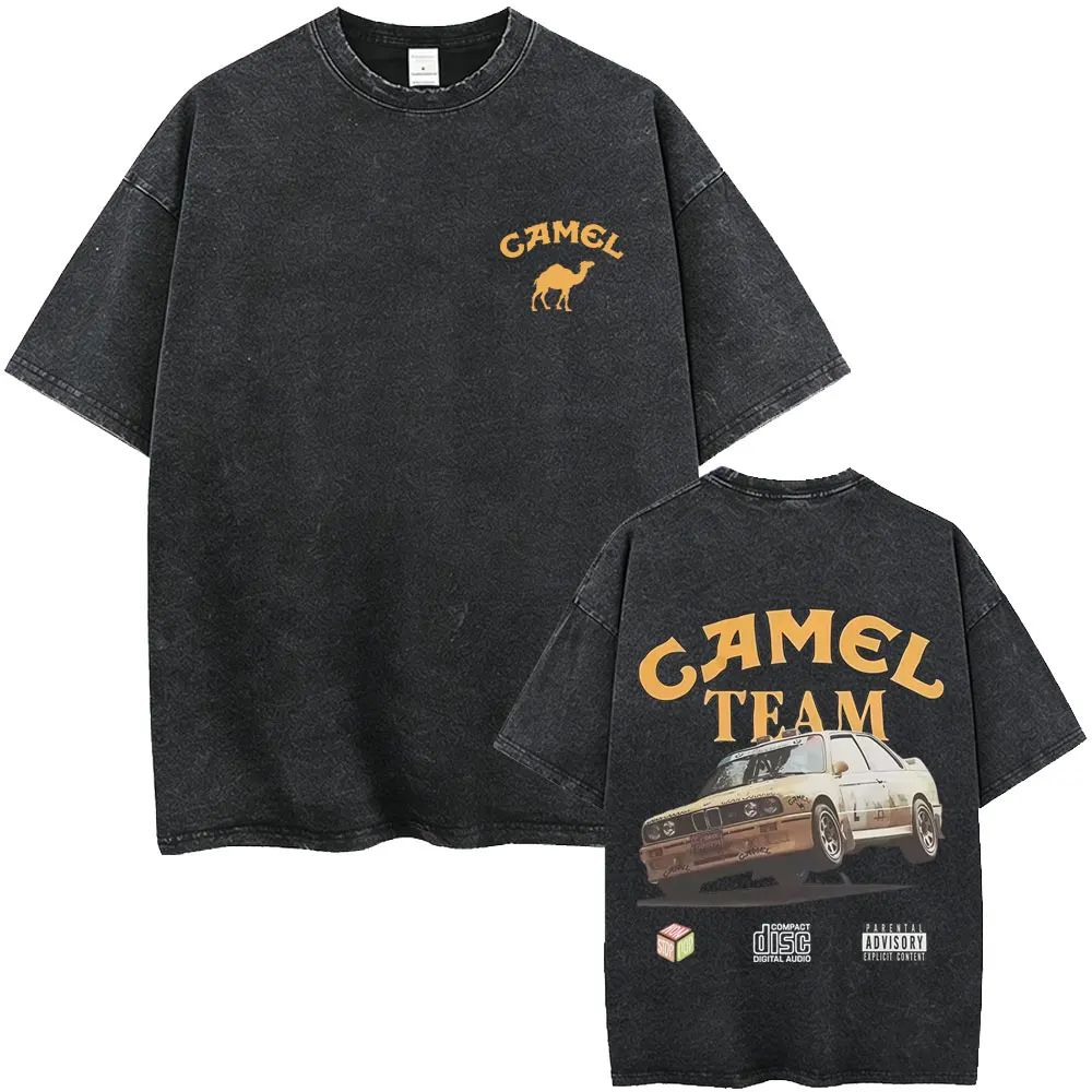 Hot Sale Camel Motocycle Washed Vintage T Shirt Men Women Fashion Hip Hop Oversized Streetwear Male Casual High Quality T-shirts