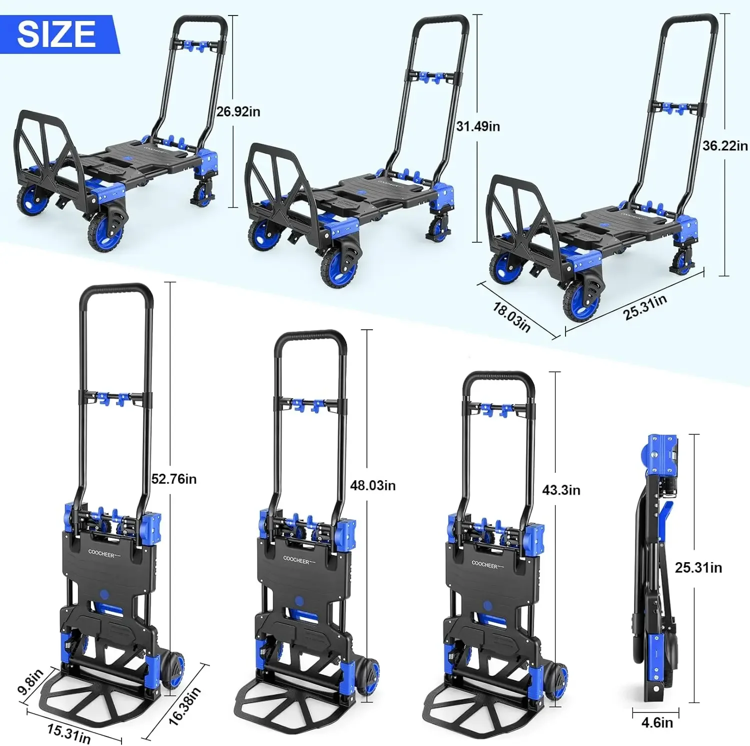 330LB  Truck Heavy Duty Carrying, Combination of Four Wheels and Two Wheels Convertible Dolly Cart with Retractable Handle Dolly