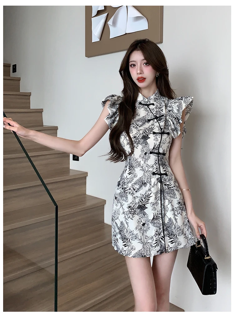 Women Summer Shorts Two Pieces Set Chinese Ladies Elegant Ruffles Print Short Sleeve Tops And Shorts Sets New Fashion Suits