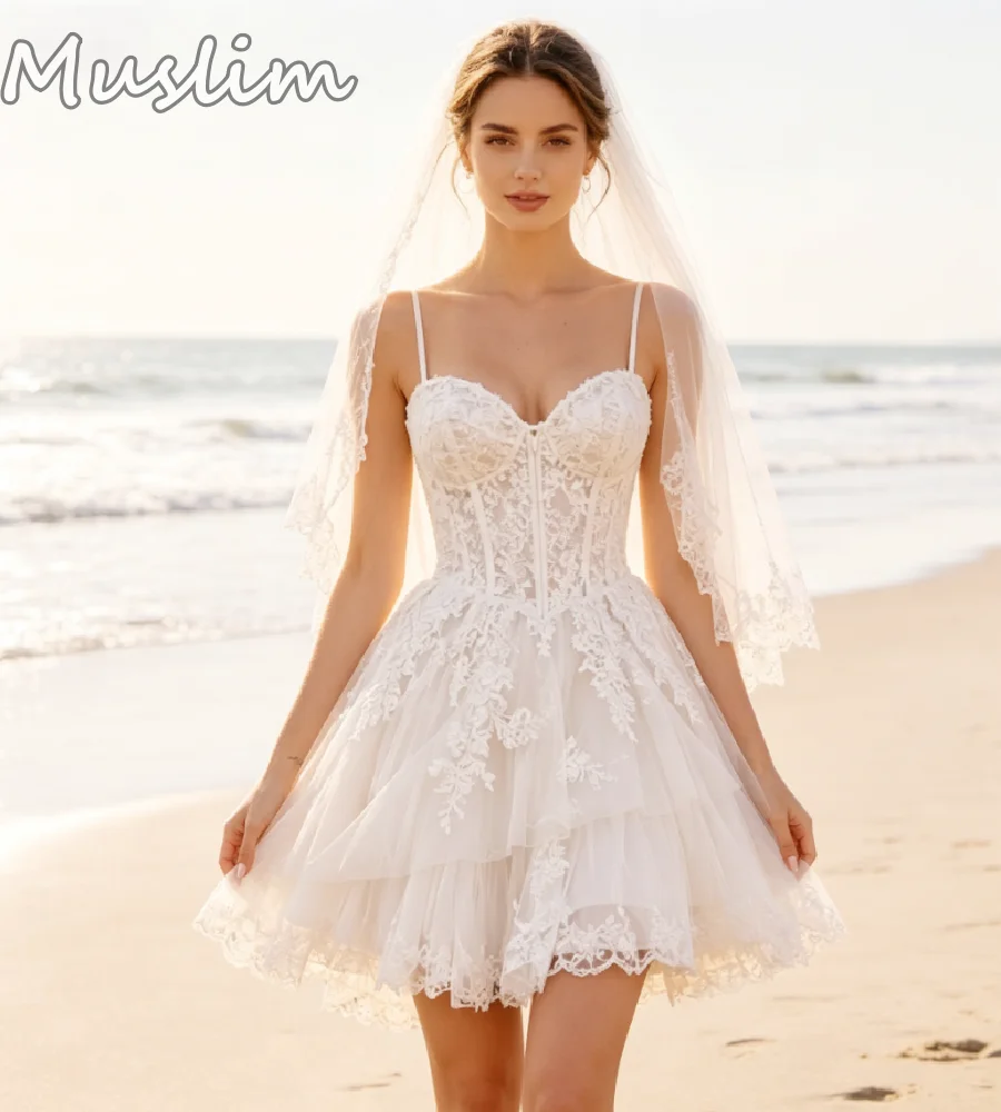 Boho Beach Short Wedding Dress 2026 Sexy Champagne Black Spaghetti Straps A Line Mini Elopement Bridal Gowns Tiered Lace Outfit
