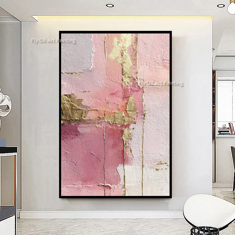 Palette Knife Handmade Blush Pink Block Canvas Art, Cracked Texture Gold Leaf Painting, Feminine Bedroom Wall Decoration
