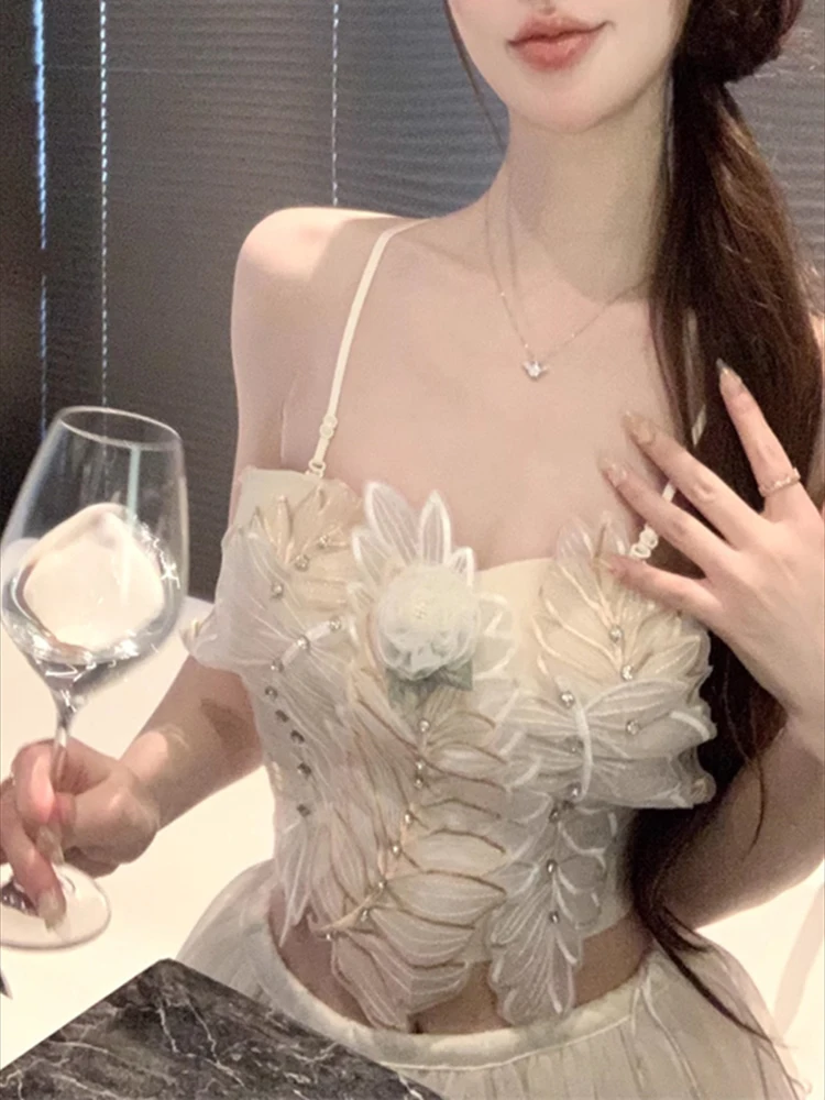 

Элегантная тяжелая промышленная цветочная водная алмазная вышивка для похудения и универсальная темпераментная майка без бретелек для женщин