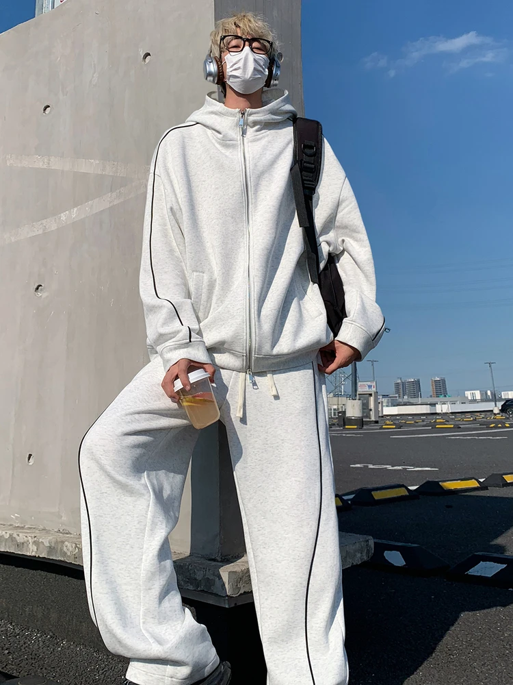 

Мужской полосатый открытый кардиган с капюшоном и брюками больших размеров, свободный крой, весенне-осенний спортивный повседневный комплект из смеси хлопка