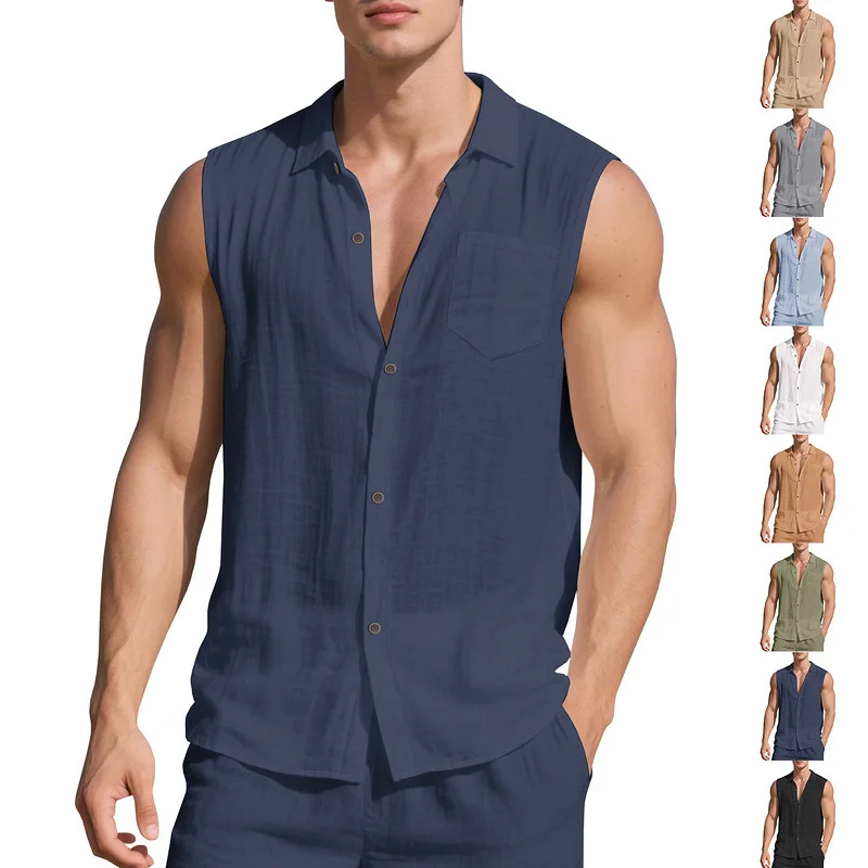 Loose Linen Sleeveless Collared Beach Shirt Casual Summer Fashion for Men New Arrival Open Cardigan Style Clothing -SSL-1