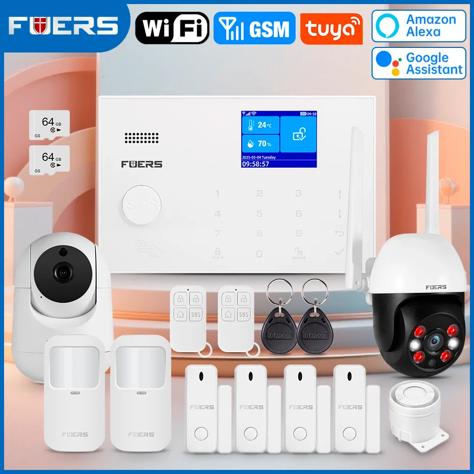 

FUERS Tuya WIFI GSM сигнализация Беспроводная домашняя охранная сигнализация APP Control Сирена Детектор движения PIR-датчик