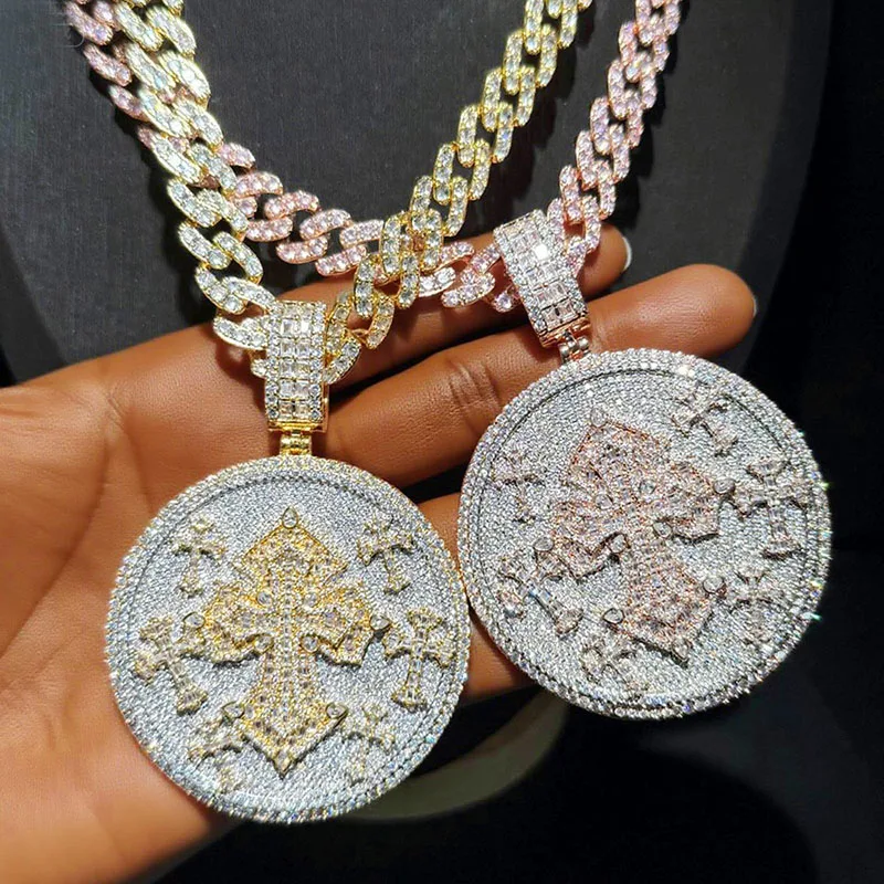 Hip Hop Bling Iced Out 12mm Wide Round Cross Cuban Link Chain Necklace Gold  Color  CZ Stone Chokers Necklaces for Men  Jewelry