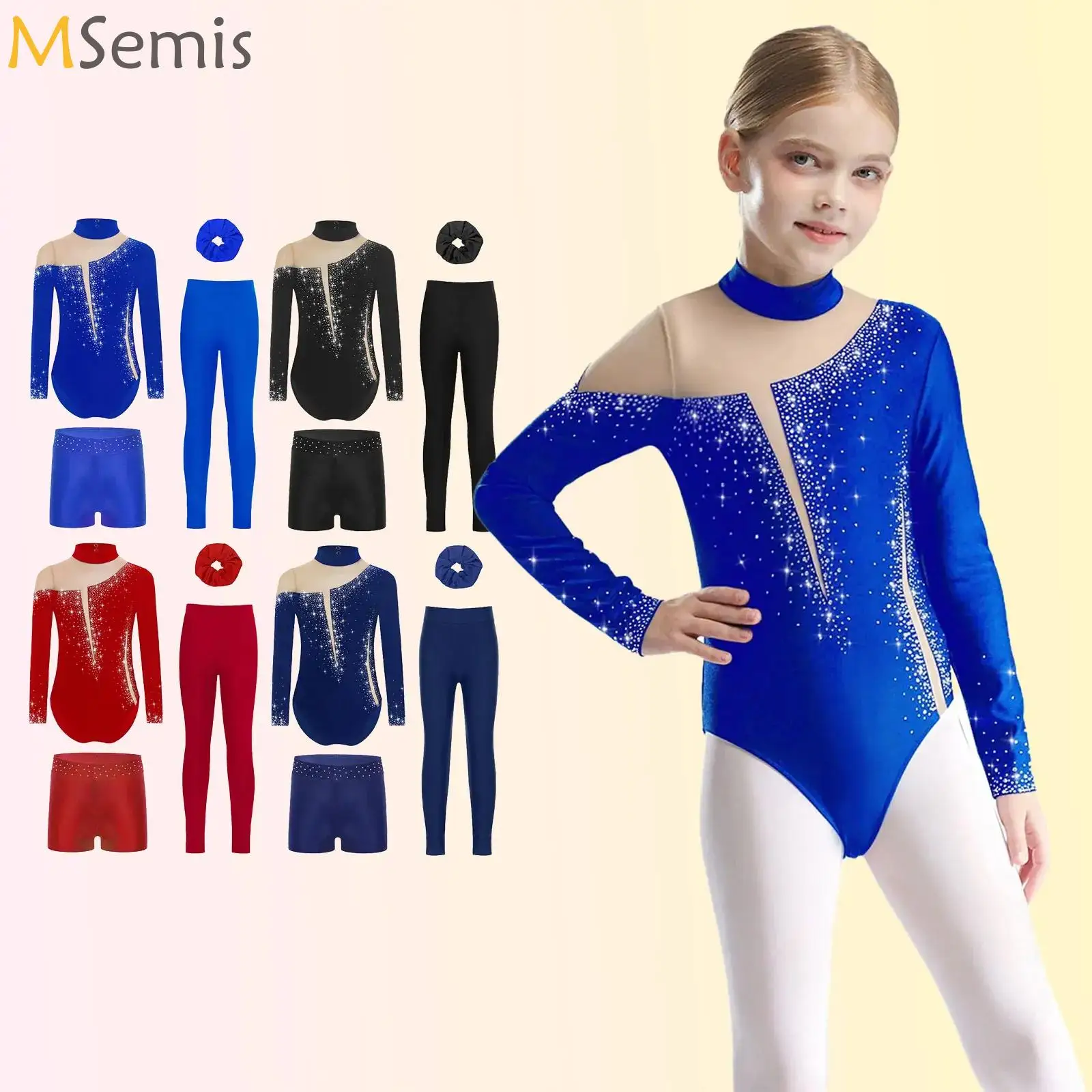 

Girls Rhinestone Gymnastics Leotard Dance Outfit Ballroom Ballet Figure Skating Bodysuit Leggings Shorts Hair Band Set Costumes