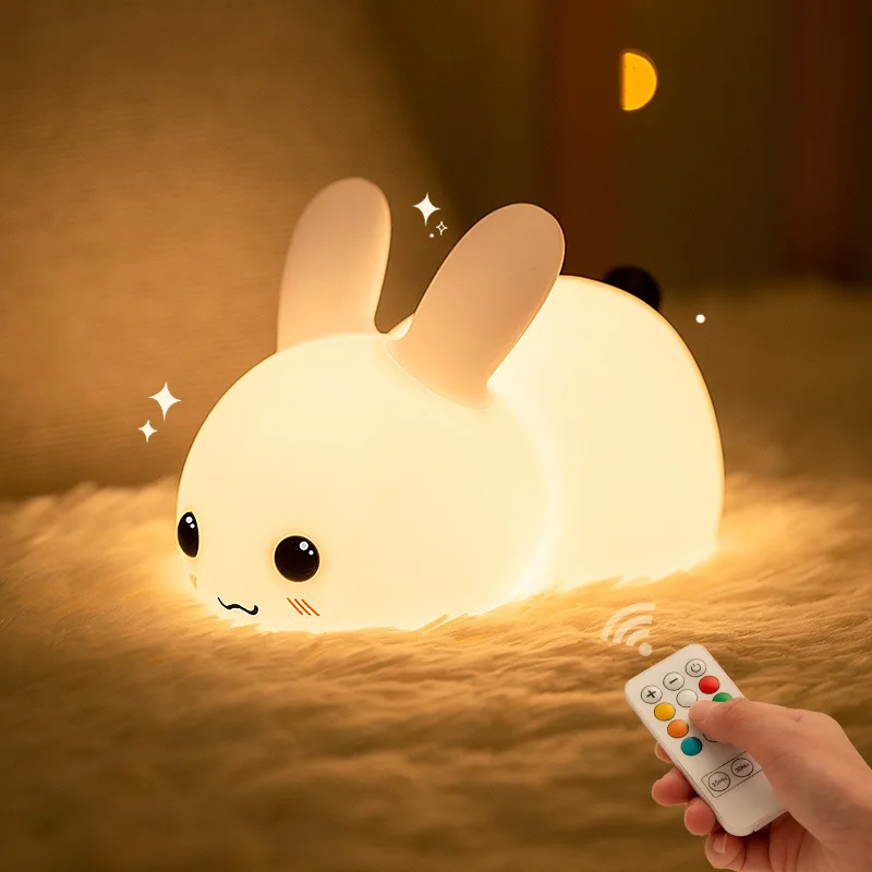 LED NightLights Silicone Rabbit Night Light with Remote Control Charging Colorful Atmosphere Lamp for Children Kids Holiday Gift