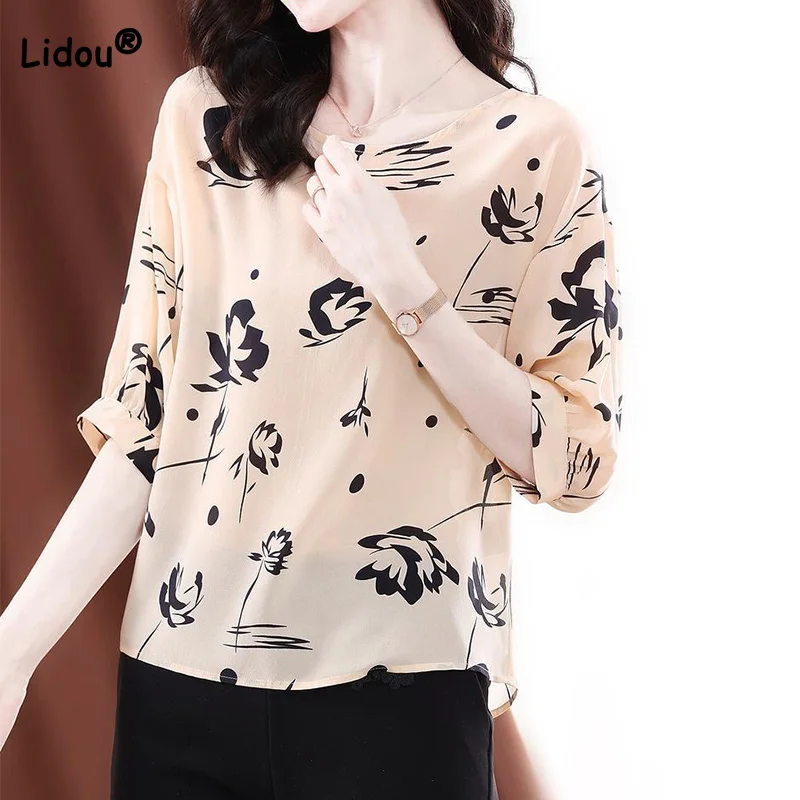 

Summer Office Lady Female T-shirt Round Neck Three Quarter Sleeves Fashion Printing Chiffon Shirt Temperament Women's Clothing