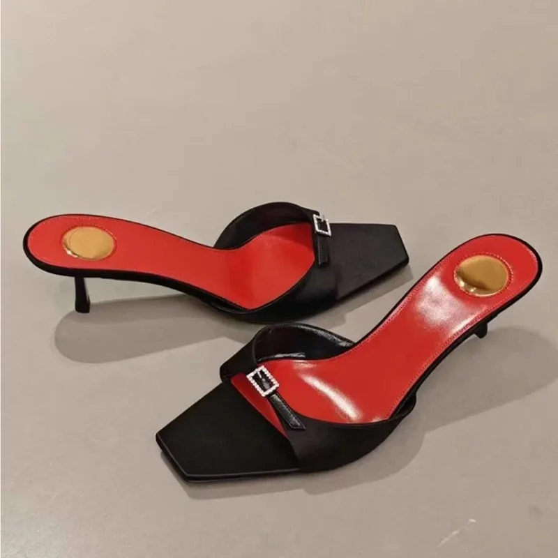 

Black Satin One-Piece Belt Slippers Women Sandals for Summer 2025 New Square Toe 6Cm High Slim Heeled Fashion Banquet Half Shoes