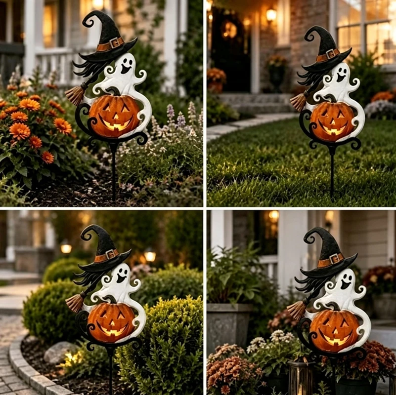 Halloween Ghost Witch Pumpkin Metal Garden Stake 2D Flat Yard Sign Outdoor Lawn Pathway Decor Halloween Party Decoration