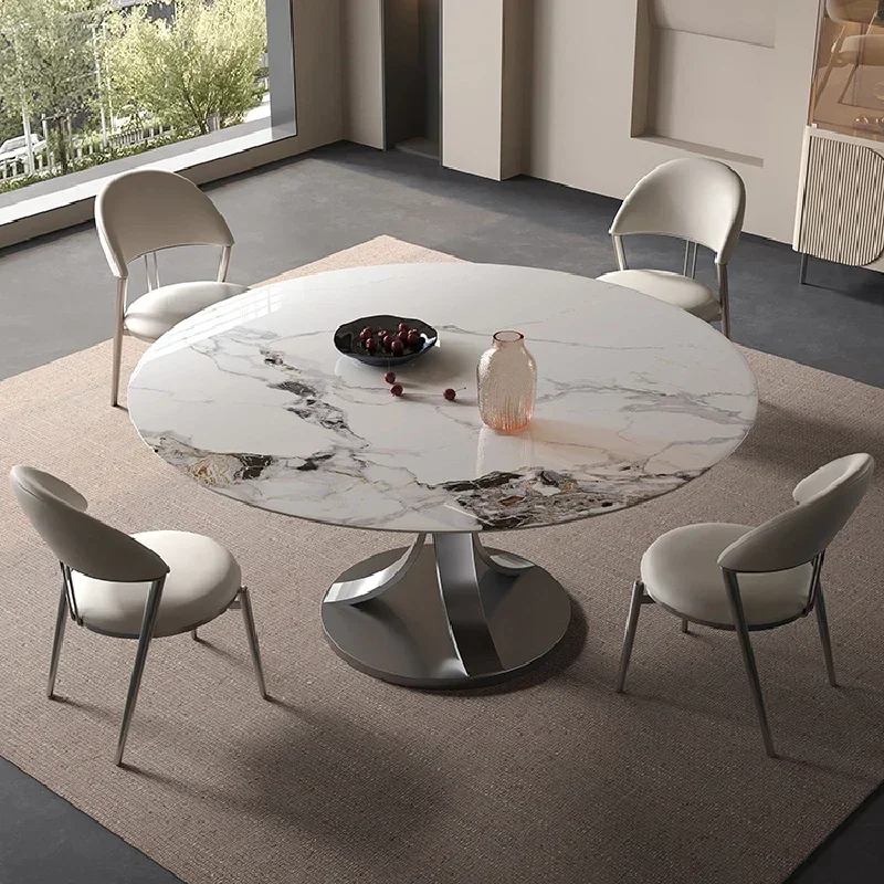 Italian Light Luxury Mobile Bright Rock Board Round Dining Tables Kitchen Combination Modern Simple Solid Room Furnitures