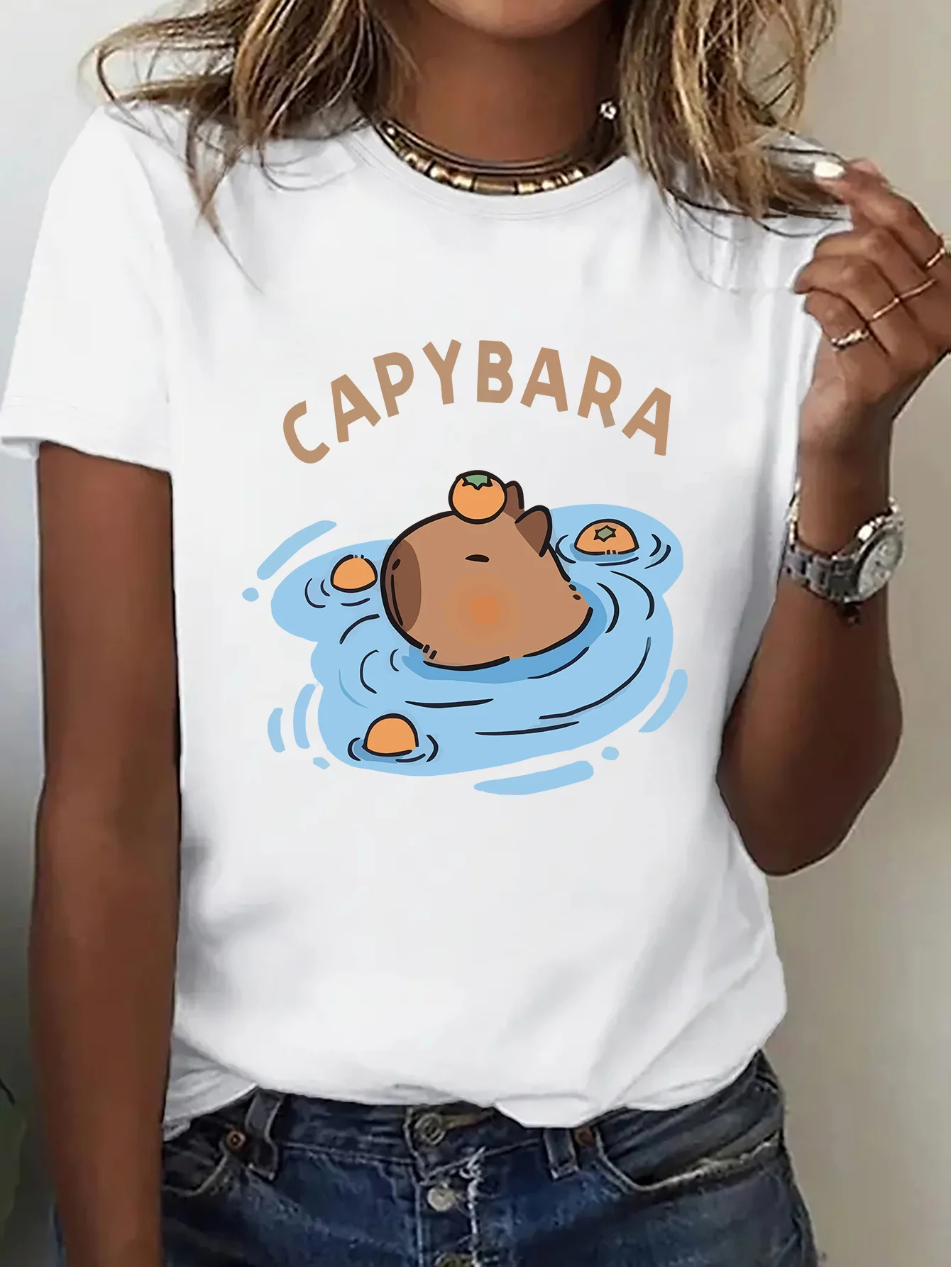 Cute Cartoon Capybara Floating In Water With Persimmon Art Print Graphic Ladies T Shirt Short Sleeve Crew Neck Casual Tee Tops