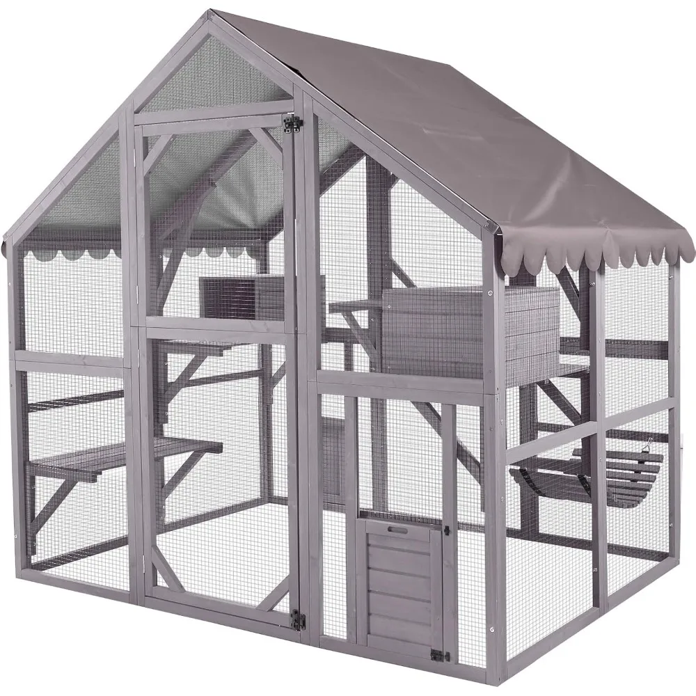 

Outdoor Fir Wooden Cat House Enclosure,Large for Multiple Cats,Outside Cat Condon with Run and Weatherproof