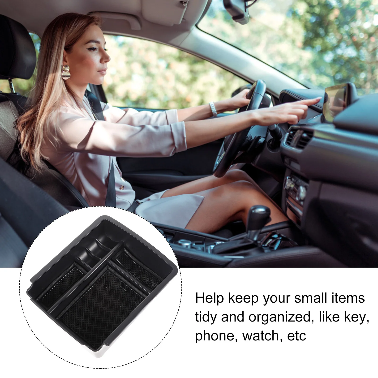 

Car Armrest Organizer Storage Box Matte Finish Plastic Center Console Tray for Keys Coins Phone Watch Compact Tidy with No