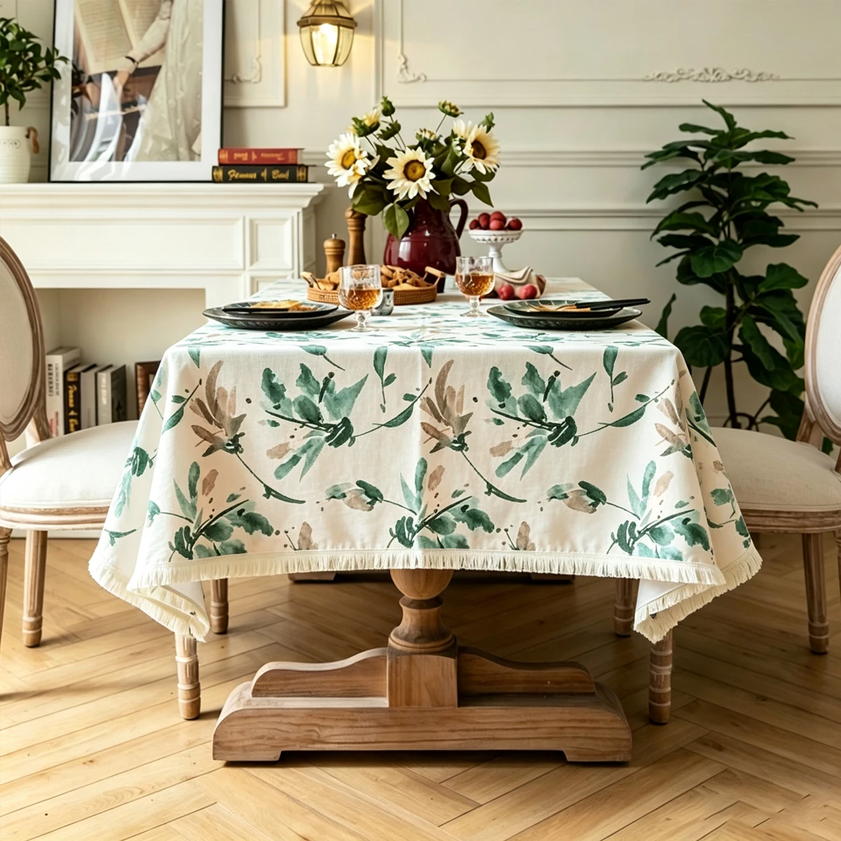 Green ink leaf Printed Fringe Tablecloth, Reusable, Washable, Suitable for Holiday, Wedding, And Party Decoration