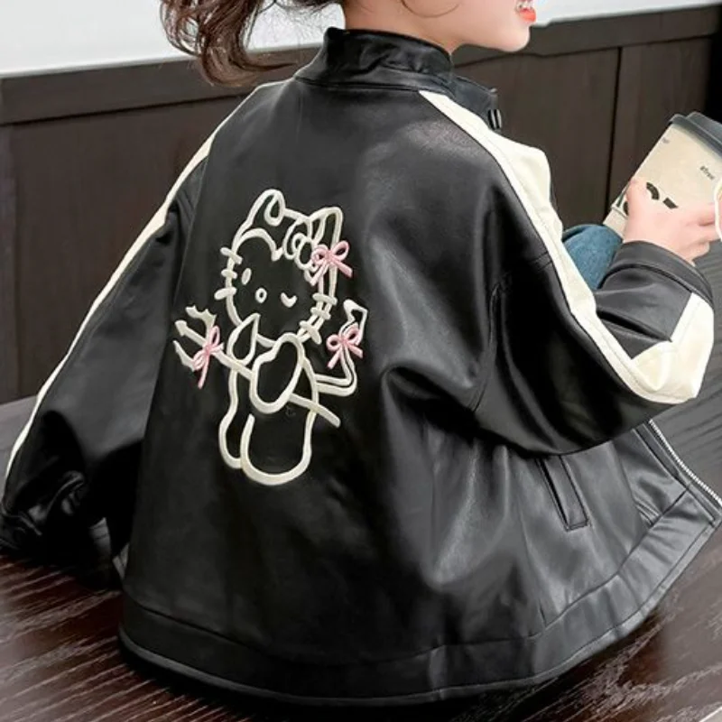 Hot Sanrio Kuromi Leather Clothing Girl Leather Jacket Locomotive Wind Versatile Cool Hello Kitty Kawaii Children Black Cartoon