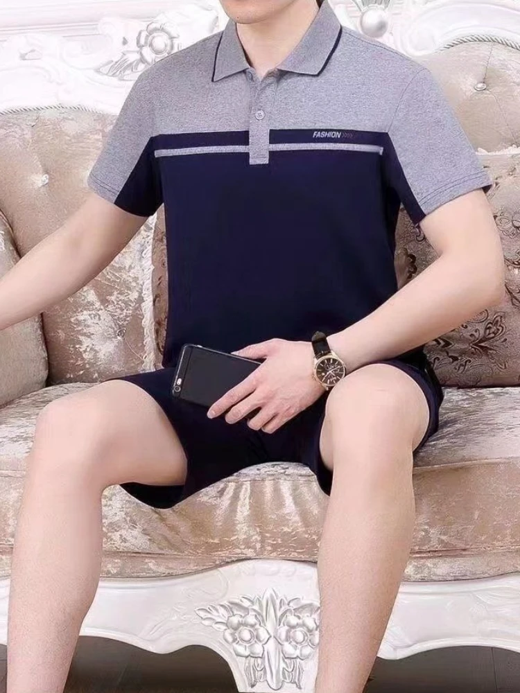 

Men's Summer Cotton Tracksuit Casual Sportswear Set Plus Size Father's Day Gift Short Sleeve T-Shirt Long Pants 2PCS Outfit