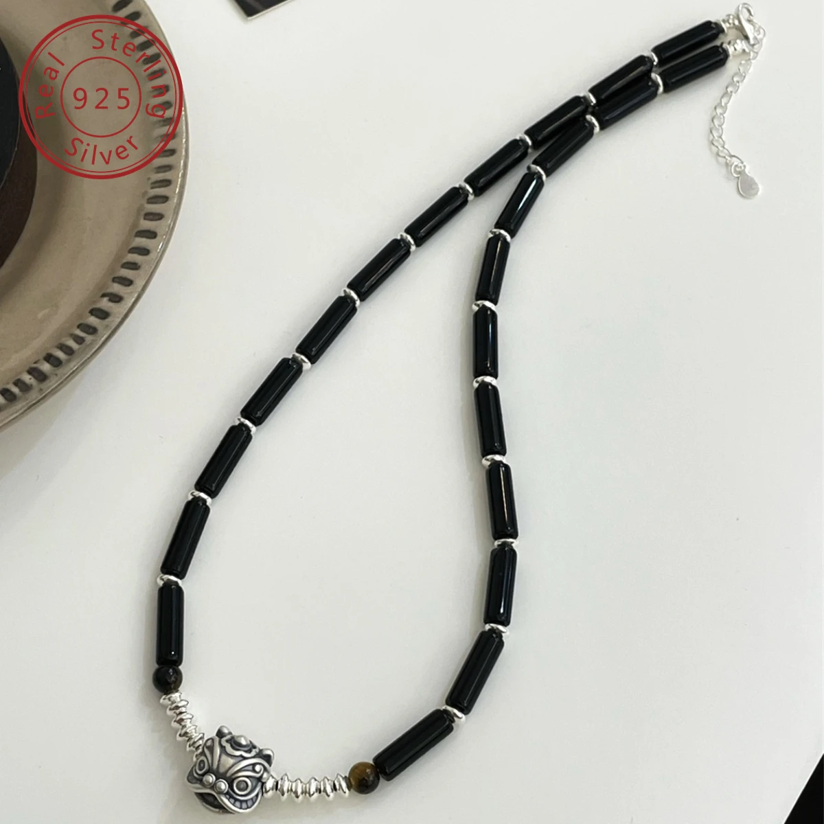 925 perak Awakening Lion kalung batu akik hitam Set gelang, baru gaya Cina, menarik kekayaan warding off jahat