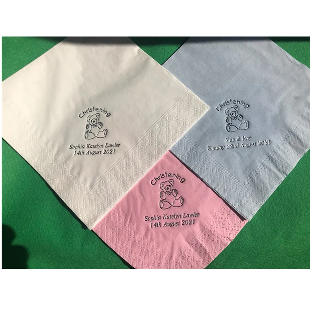 50pcs Personalised Christening Napkins / Serviettes with Silver Foiled Teddy Bear Design Quality 3Ply