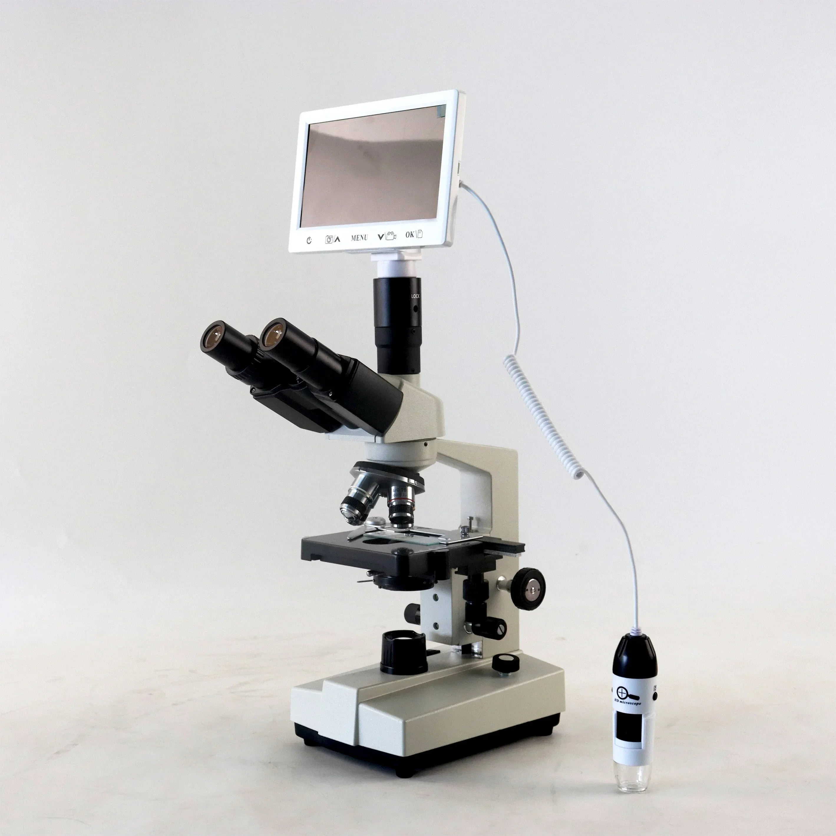 7 Inch LCD Screen 1600X Portable Biological Digital Trinocular Microscope with Mini Stereo Microscope