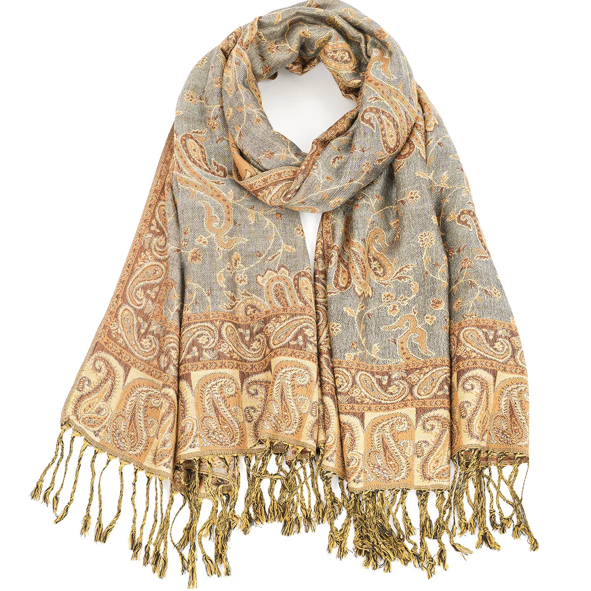 A women\'s multicolored vintage paisley pashmina bohemian style long tassel windproof casual scarf shawl