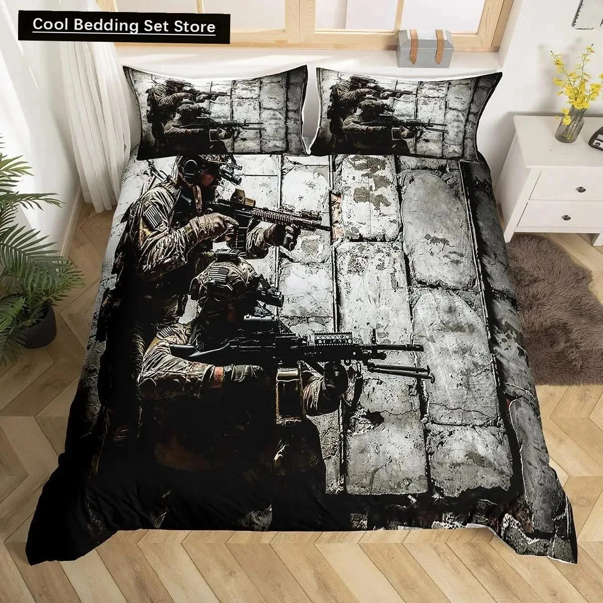 

Soldier Duvet Cover Set Army Rifle Machine Gun Bedding Set for Boys Under Mission Army Bedclothes Military Polyester Quilt Cover