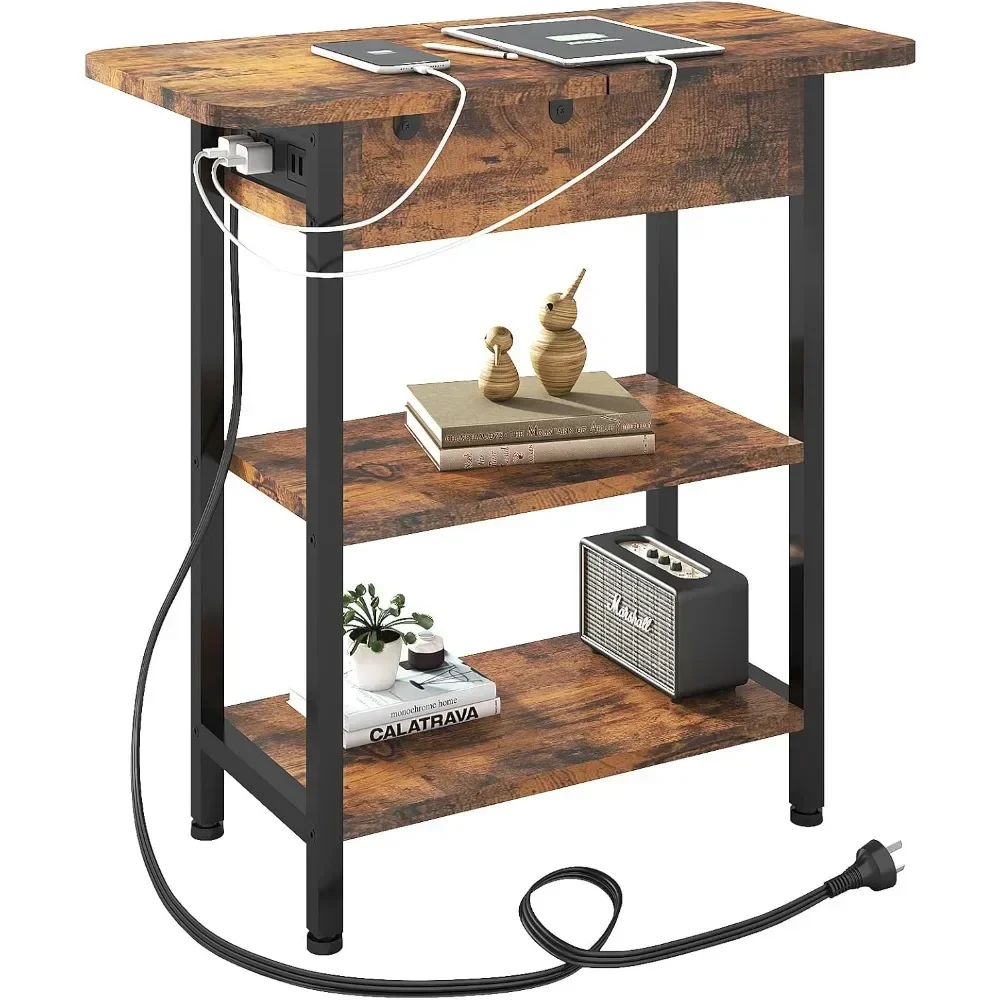 

Flip Top Side Table with USB Ports and Outlets, Nightstand for Small Spaces, Bedside Tables with Storage Shelf