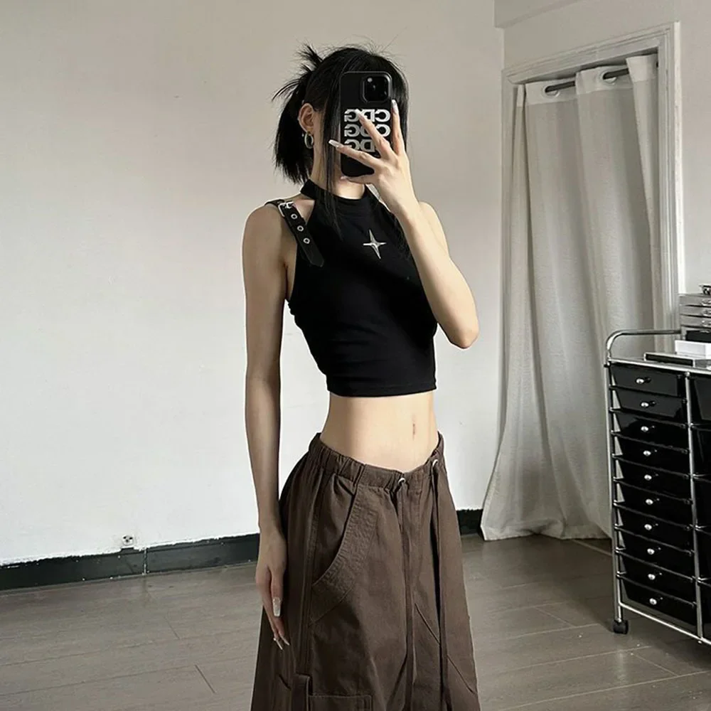 ผู้หญิง Tank Top Y2k Streetwear Star Metal Halter Cool สาวแขนกุดสีดําเสื้อกั๊กด้านล่างเสื้อผ้า Tee y2k