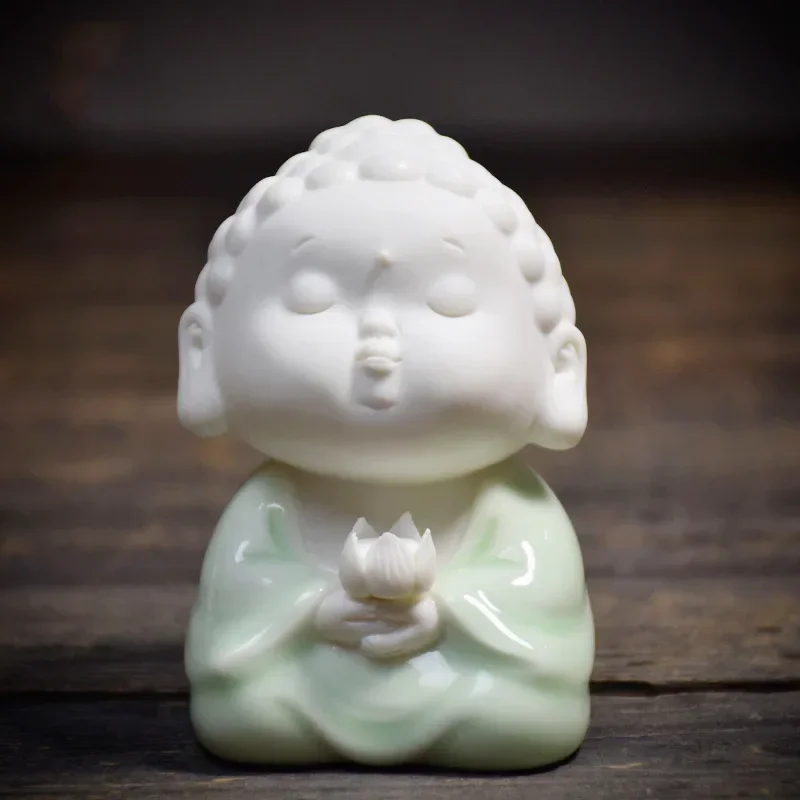 FX-17  Handmade Green Glaze Ping An Buddha Ceramic Small Tathagata Buddha Ornament Character God Statue White Porcelain Handmade