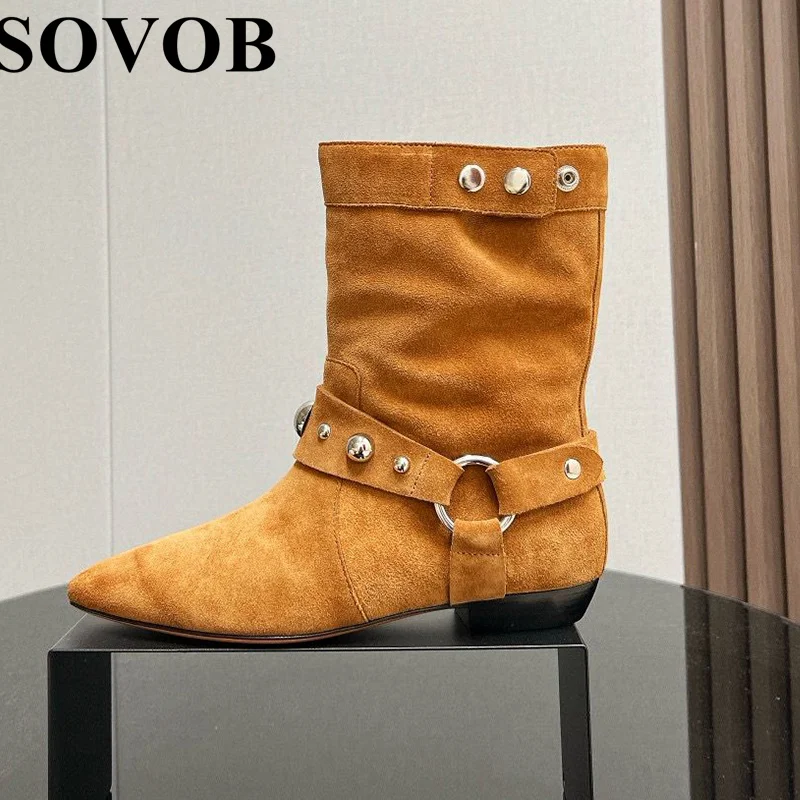 

New Spring Autumn Suede Metal Rivet Belt Buckle Mid Calf Boots Women's Retro Flat Bottom Pointed Toe Botas Western Cowboy Boots