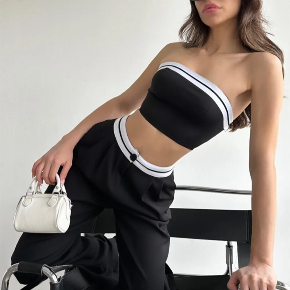 Women's Spicy Girl Exterior Sports Vest Strapless Contrasting High Waisted Wide Leg Pants Casual Sets Crop Top Trousers Outfits