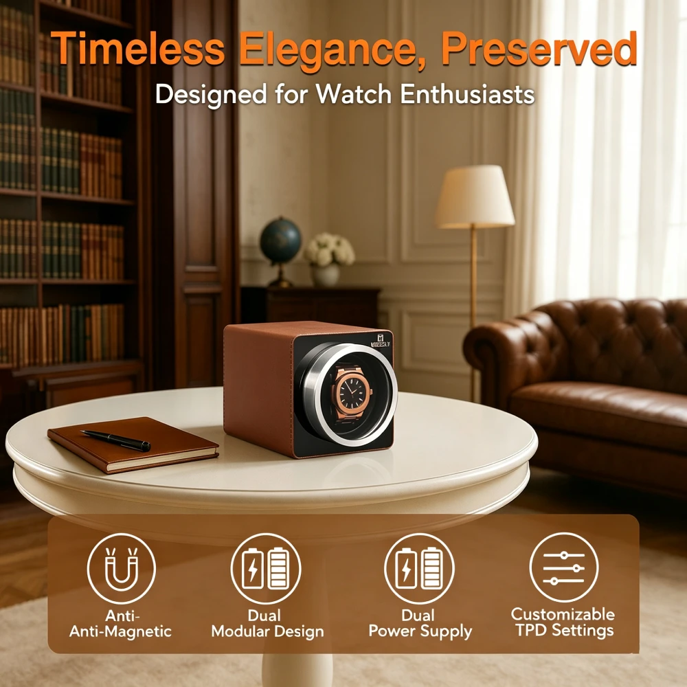 Mozsly Luxury Single Watch Winder, PU Leather Case & Japanese Quiet Motor, 20dB 12 TPD Programs, 3 Rotation Modes, Dual Power Anti-Magnetic, for Display, Fits Rolex Omega