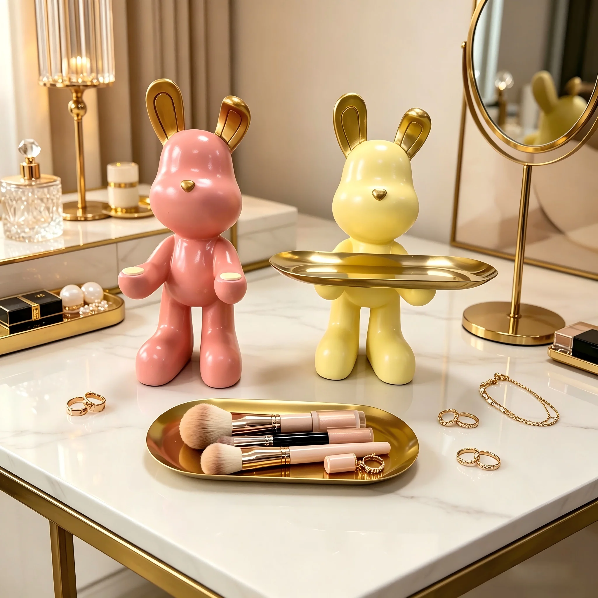 Charming Rabbit Figurine with Metal Tray, Resin Bunny Decorative Tray for Keys, Earrings, Rings, Cute Home Accent