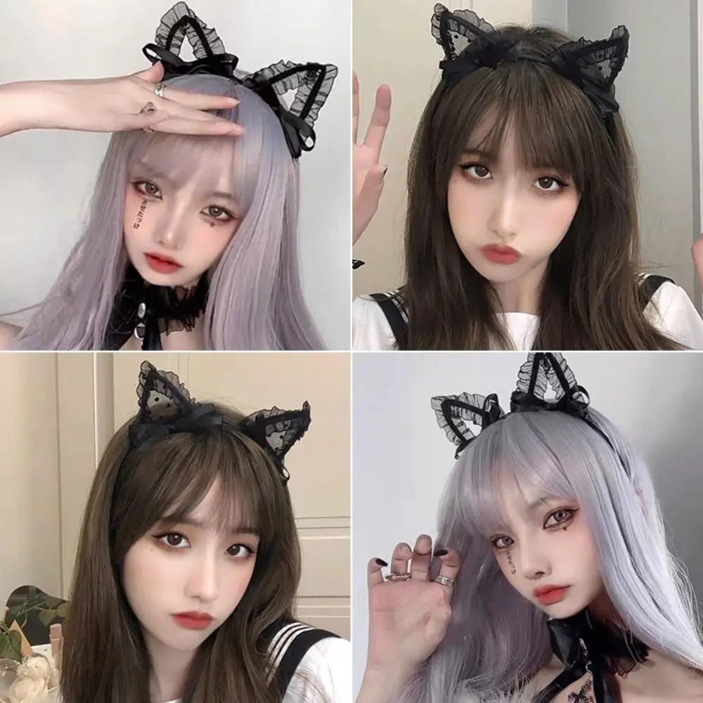 Retro Lace Large Bow Hair Hoop Polka Dot Stage Hair Accessories Cat Ear Hair Band Gift Cute Headband
