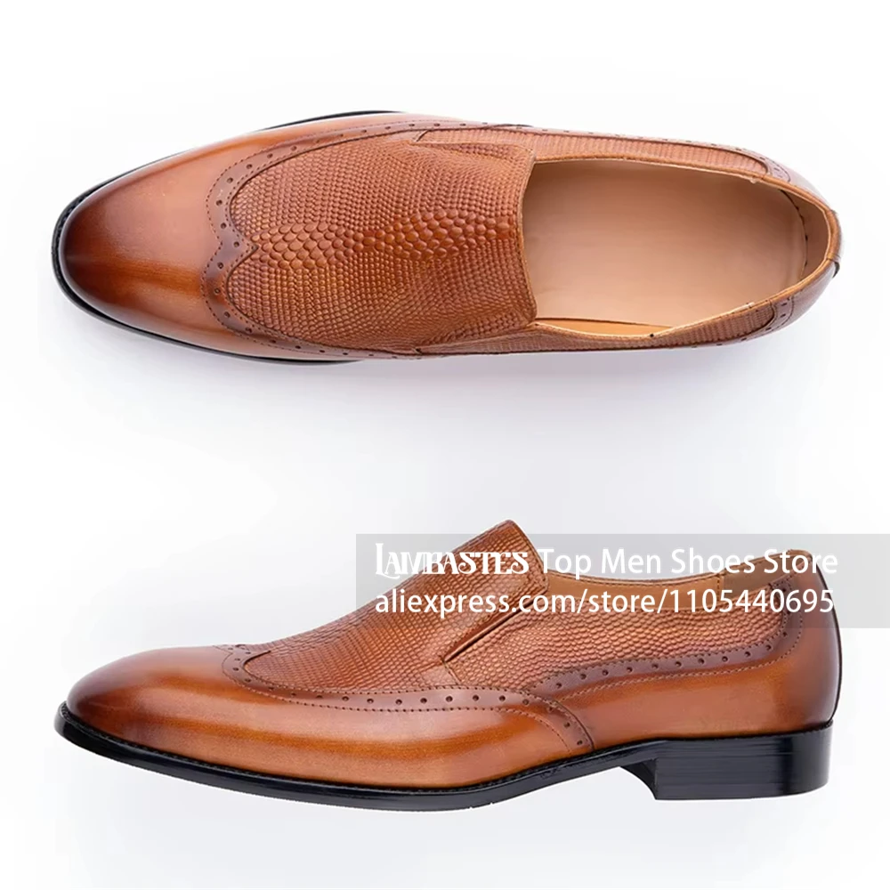 Brown Lizard Embossed Brogue Loafers Almond Toe Perforated Business Casual Loafers Vintage Textured Brogue Formal Wedding Shoes
