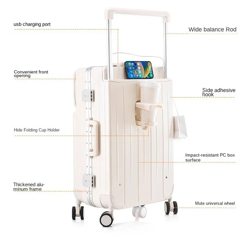 Mala de bagagem com abertura frontal, alça larga, com suporte de copo usb, senha, mala leve, para homens e mulheres, carrinho de embarque, 20 polegadas